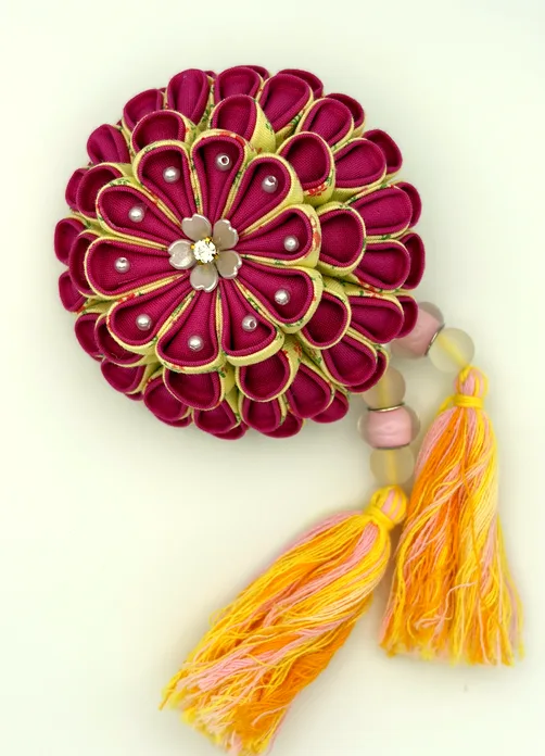 ワインレッドの花びらに黄緑の縁取りを添え、貝殻風の花芯がアクセントの一輪です。
